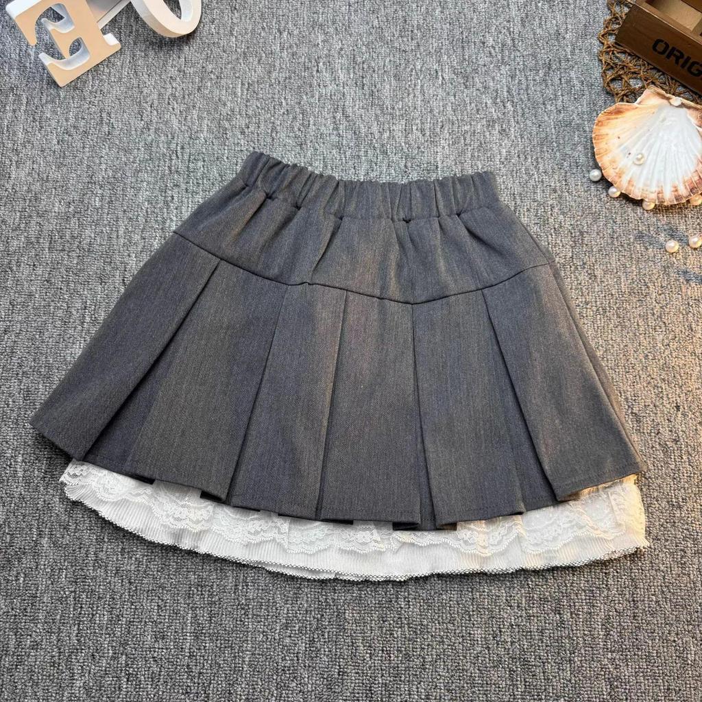 2025 Spring/Summer Girls' Korean Style Bow Lace Pleated Skirt Set