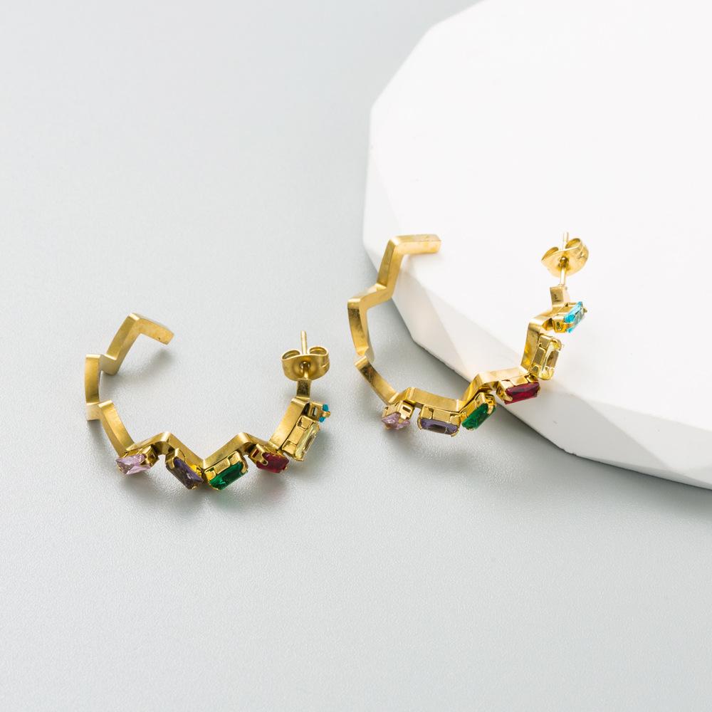 Women Simple C-shaped Eardrops Drop Earrings Titanium Steel Geometric Type Crystal Colorfull