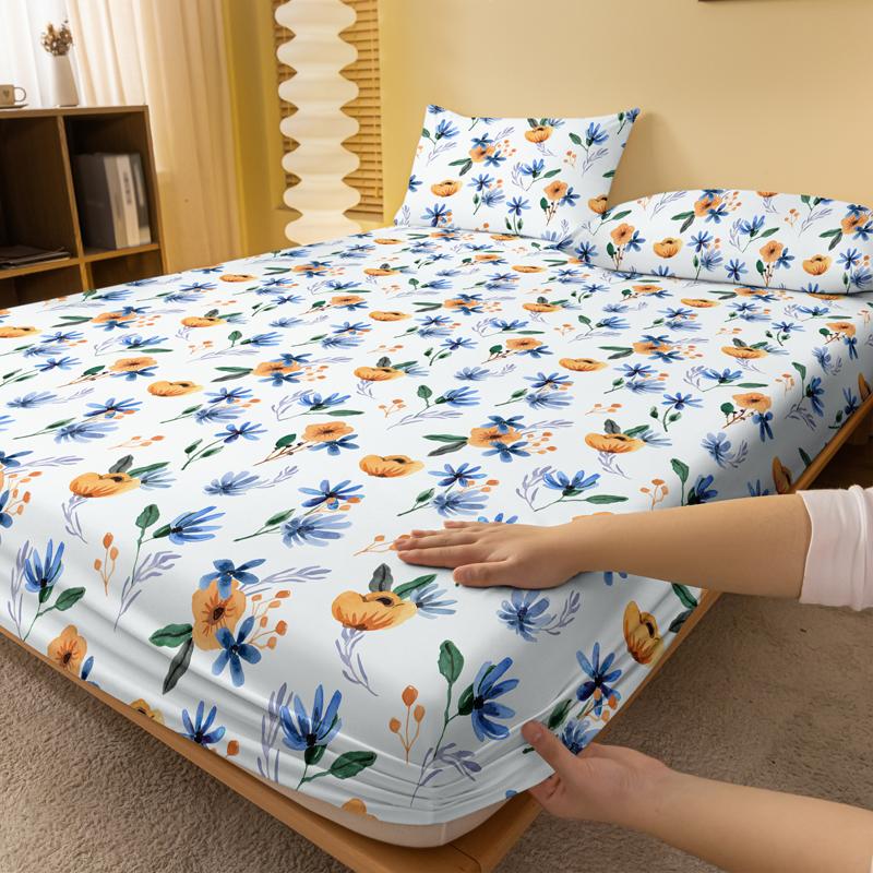 Simple 1 Modern Plant Flower Printed Matte Fitted Sheet, Bedroom Printed Bed Cover, Bedding Excluding Pillowcases