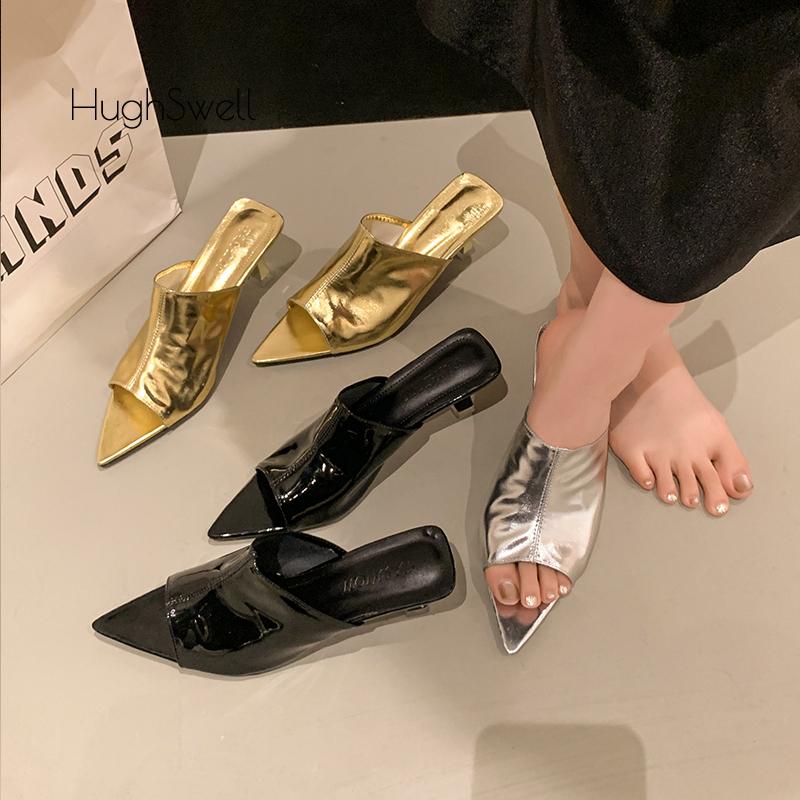 Fashion Luxury Gold Silver Pointed Peep Toe Slide Slippers Woman Thin Low Heel Prom Party Pump Shoes Ladies Patent Leather Designer Mule