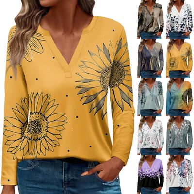 Camiseta feminina com estampa de botão, manga longa, moda diária, fim de semana, básica, gola em V, top regular