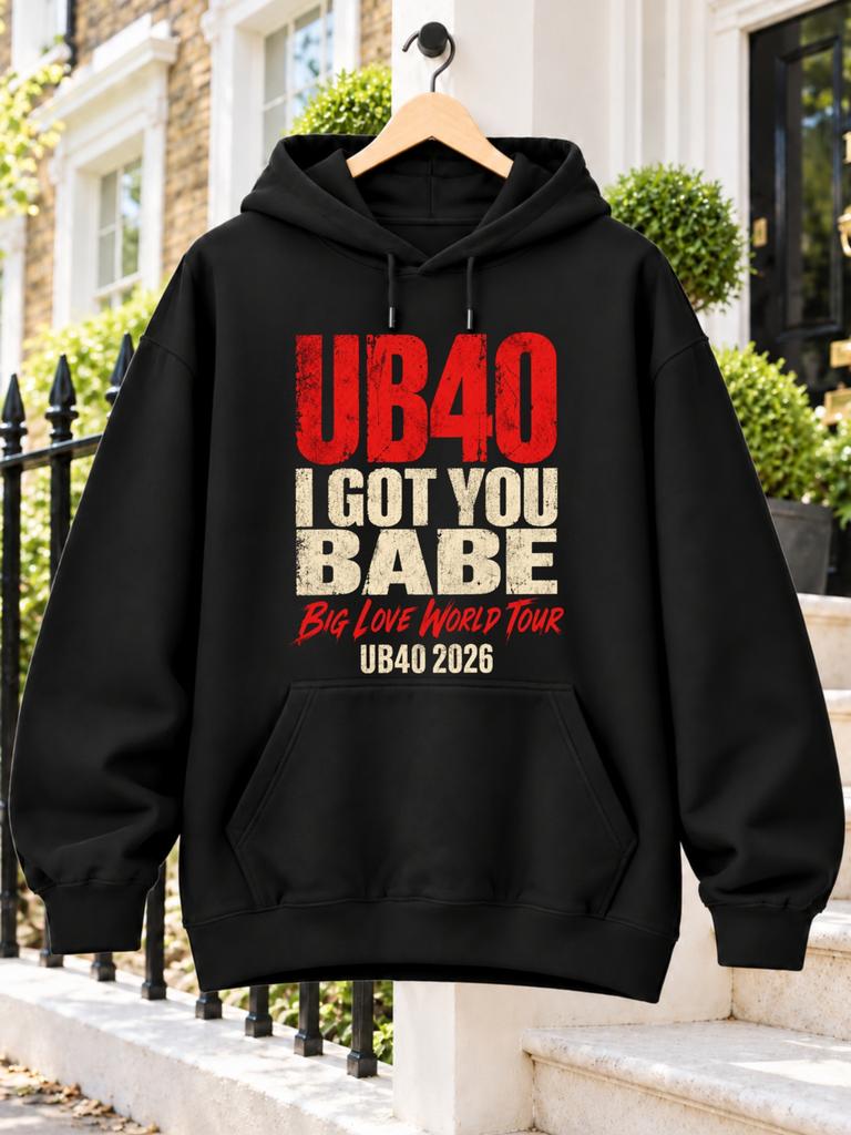 Felpa UB40 I Got You Babe Big Love World Tour - Merchandising Unisex con Stampa Iconica, Tipografia Rossa/Crema Usurata, Felpa con Cappuccio Lavabile in Lavatrice S