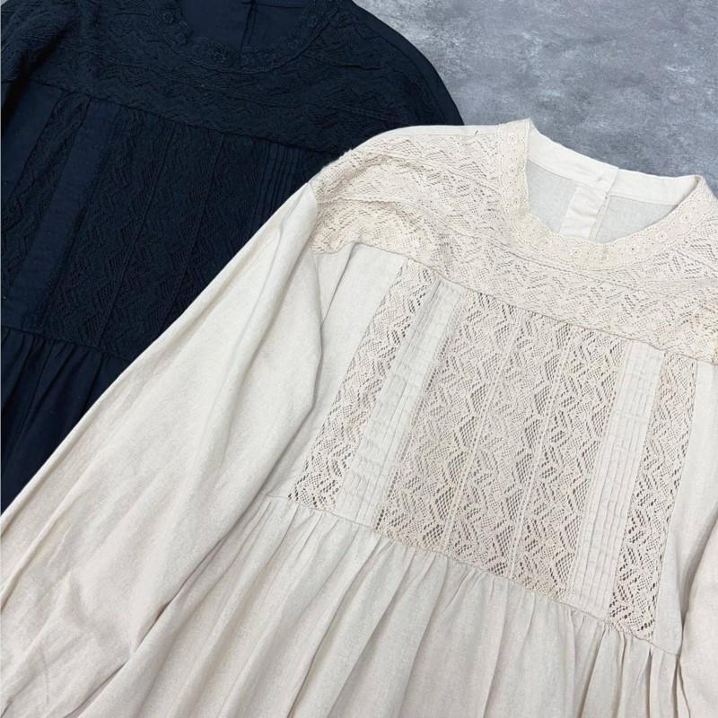 Johnature Japanese Cutout Lace Cotton Dress Autumn French Casual O-neck Loose Solid Color Full Sleeve Women Dress