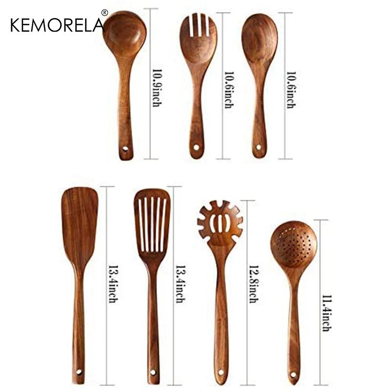 7/10 PCS Thailand Teak Natural Wood Tableware Ladle Turner Long Rice Colander Soup Skimmer Cooking Spoons Scoop Kitchen Tool Set