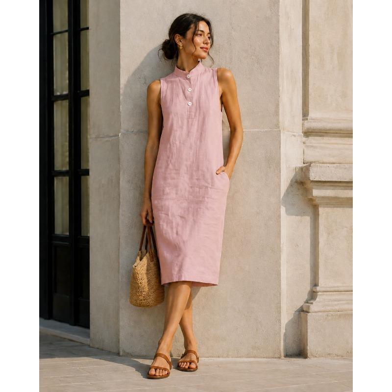 Women Stand Collar Half Button Sleeveless Linen Midi Dress With Side Pockets