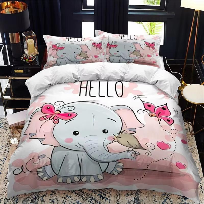 Kawaii Elephant Duvet Cover Set Cute Animals Quilt Cover Twin Queen Soft Microfiber Cartoon Bedding Set For Boys Girls Room Dorm
