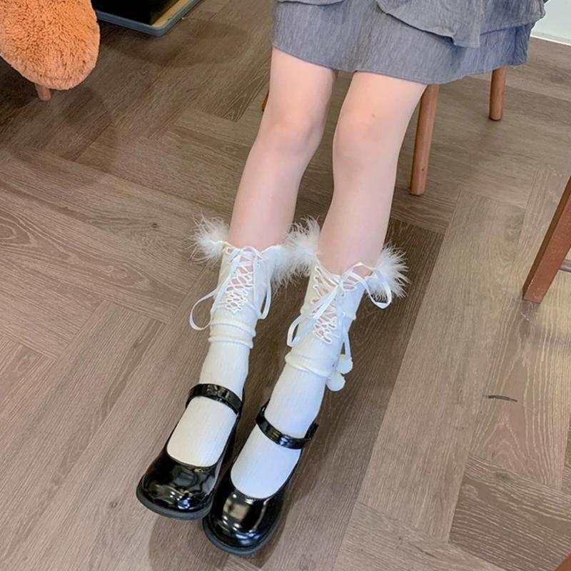 Womens Ruffle Socks Calf Socks Cute Feather Trim Socks Thin Middle Tube Stockings Summer Breathable Thin Socks