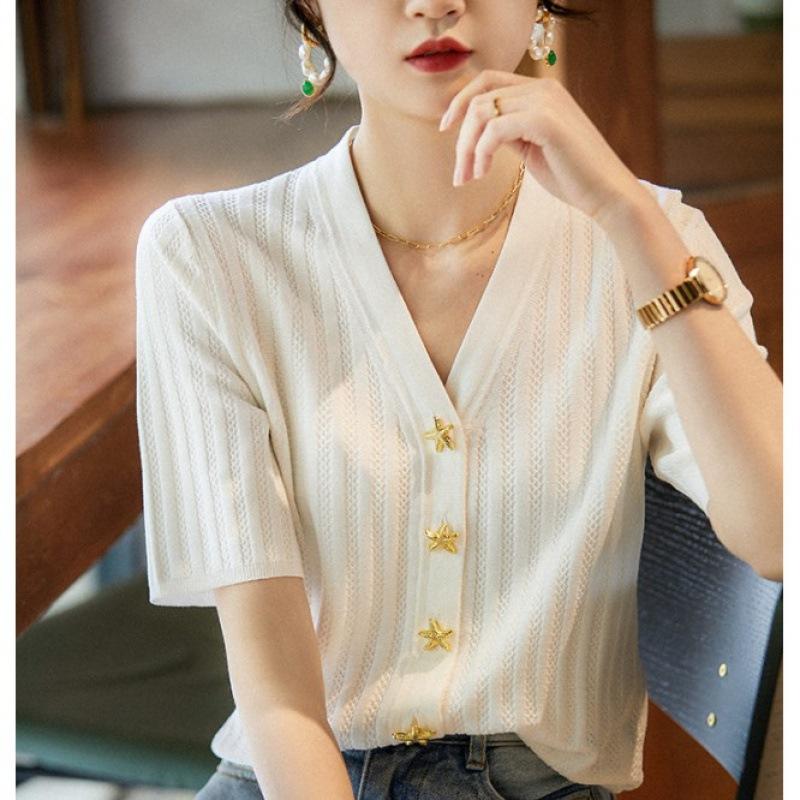 

Весна-лето Пуговица Вертикальная Полосатый Свитер Ice Silk Тонкий V-образный вырез Короткие рукава Трикотажный Кардиган для Женщин one size белый