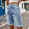 Summer Women Denim Shorts Mid Waisted Knee Length Stretchy Casual Wide Straight Leg Distressed Cuffed Jeans Short Pants with Pockets