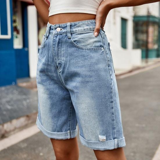 Summer Women Denim Shorts Mid Waisted Knee Length Stretchy Casual Wide Straight Leg Distressed Cuffed Jeans Short Pants with Pockets