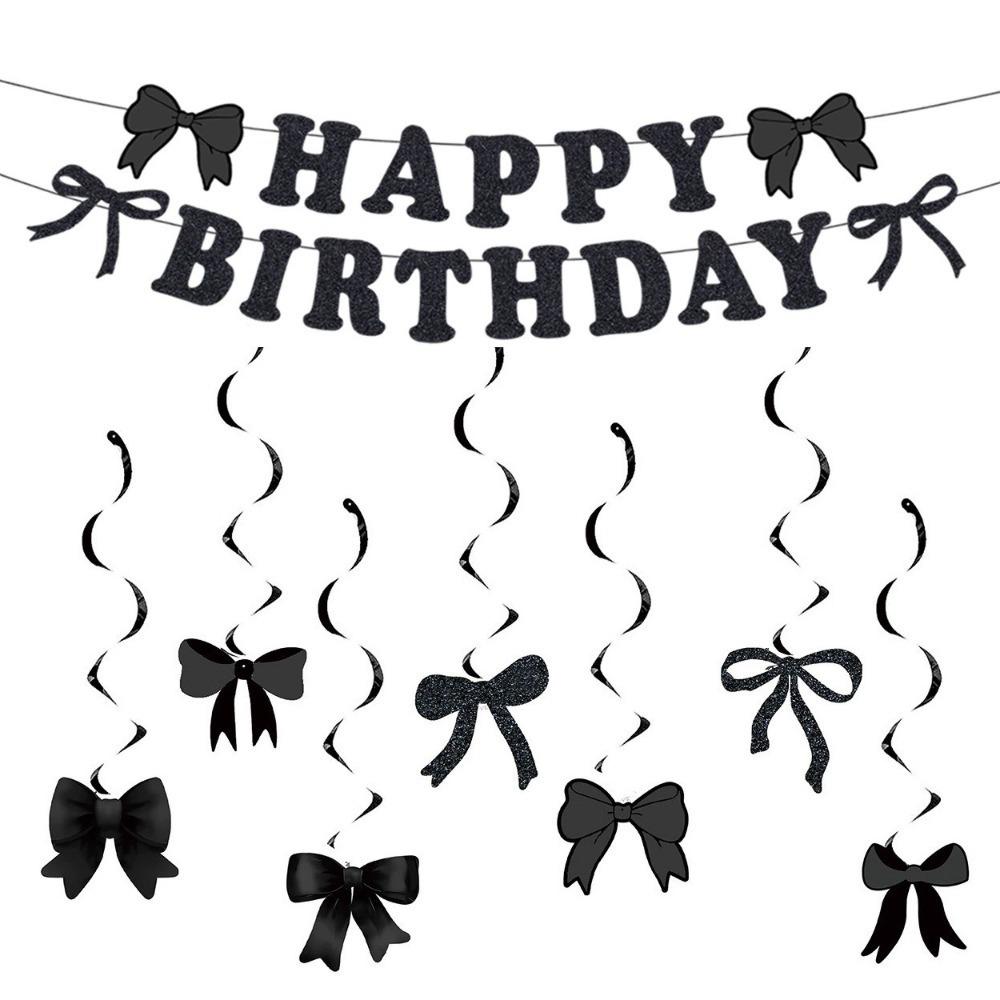 Bow Theme Happy Birthday Banner Paper Scene Decoration Hanging Garland Spiral Bow Pattern Pink Black Blue Backdrop Decor
