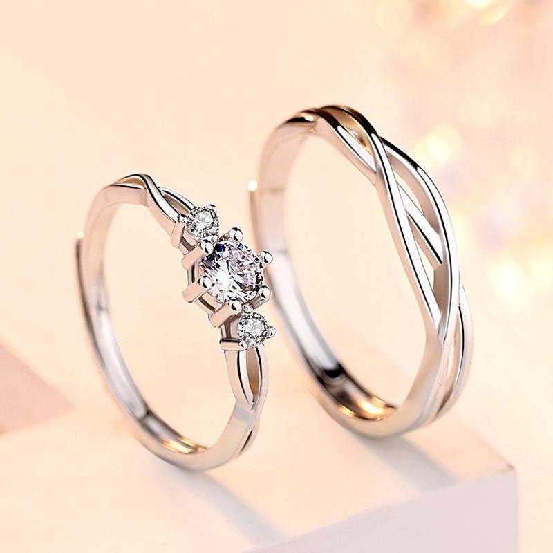 2 Pcs Silver Color Shiny Zircon Matching Couple Rings Luxury Delicate Wedding Rings Set for Women Men Charm Jewelry Accessories