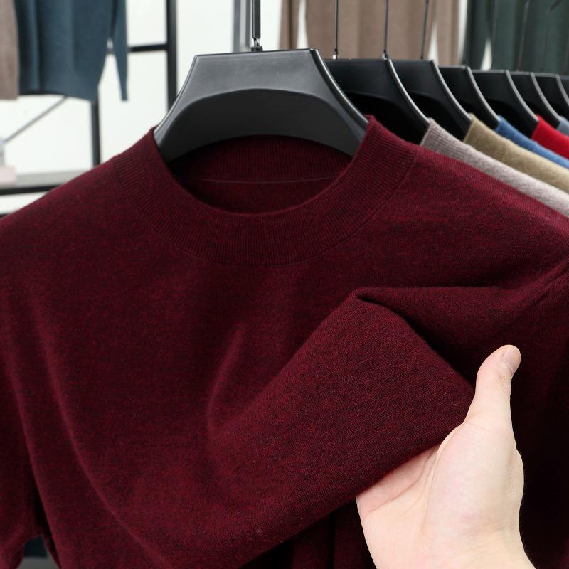 Men's 100% Wool Round Neck Sweater - Solid Color, Long Sleeve, High-End Casual Base Layer for Autumn/Winter