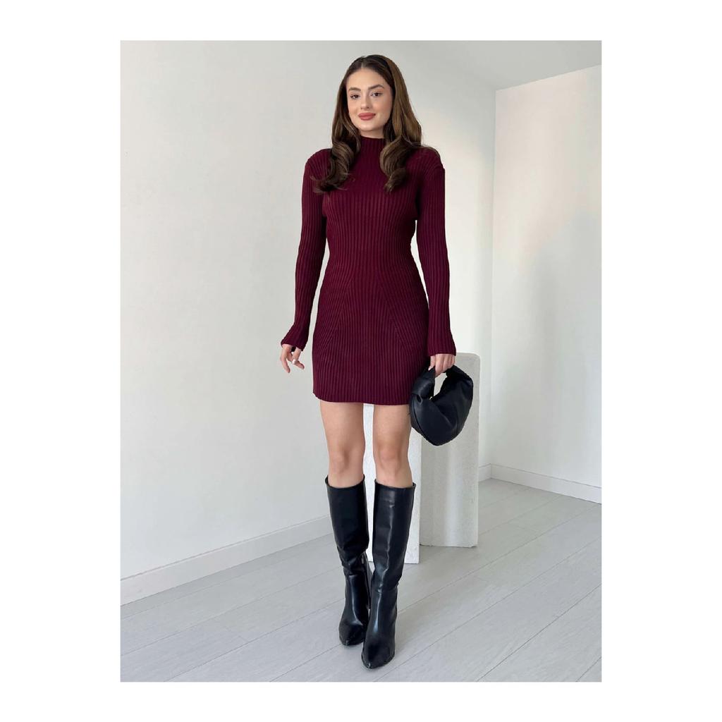 Women's Mini Corded Winter Claret Red Knitwear Dress