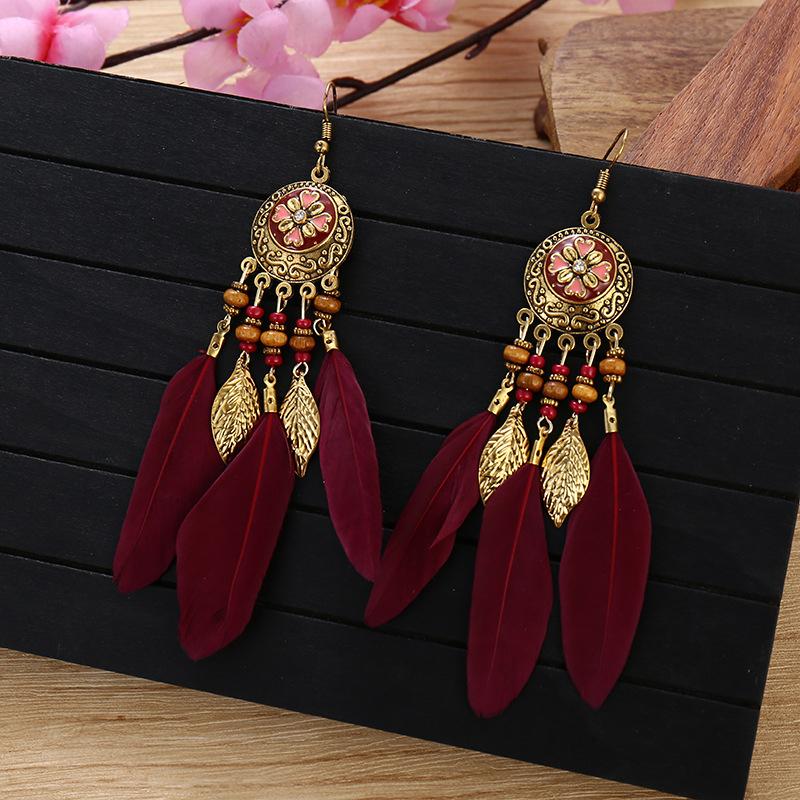 Vintage Bohemian Long Feather Women's Earrings Enamel Flower Drop Dangle Earrings Boho Tassel Leaf Wooden Bead Handmade Zircon