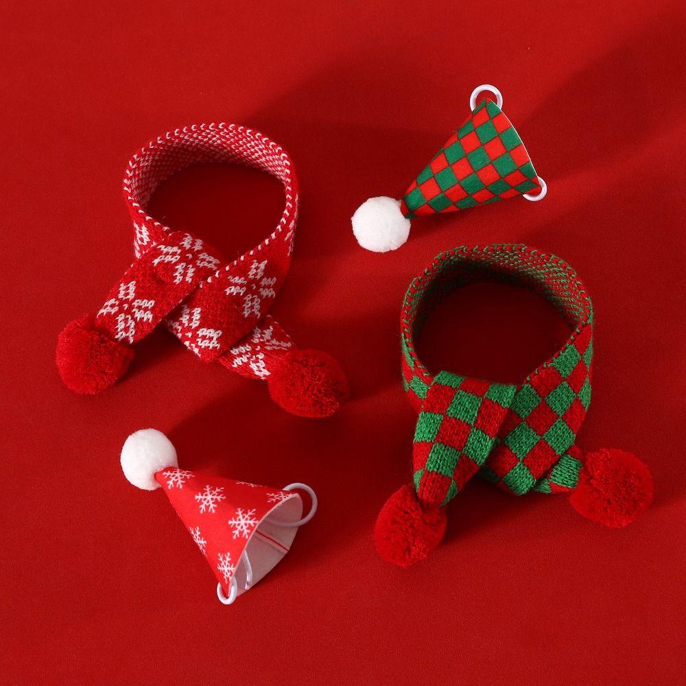 Hand-woven Dog Christmas Bib Xmas Hat Adjustable Pet Knitted Snowflake Scarf  New Year