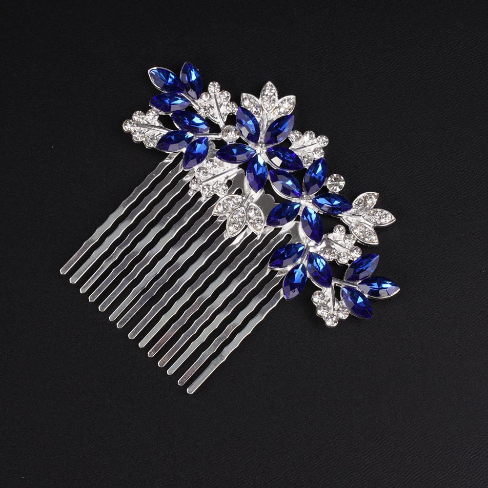 Women Bridal Wedding Silver Blue Rhinestones Flower Leaf Side Hair Comb Special Occasion Headpiece Hair Accessories for Women