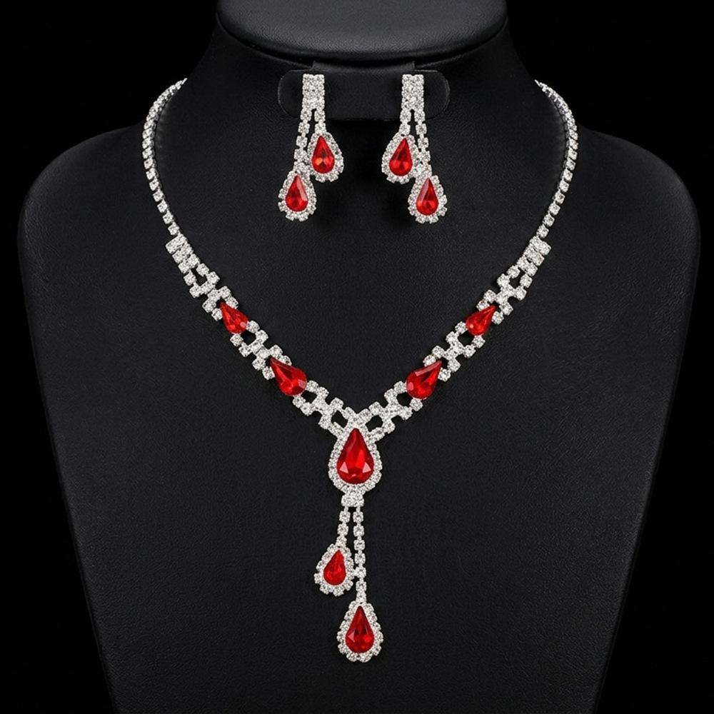 Korean version of bride copper full diamond water drop necklace clothing accessories fashion versatile red jewelry light luxury jewelry set