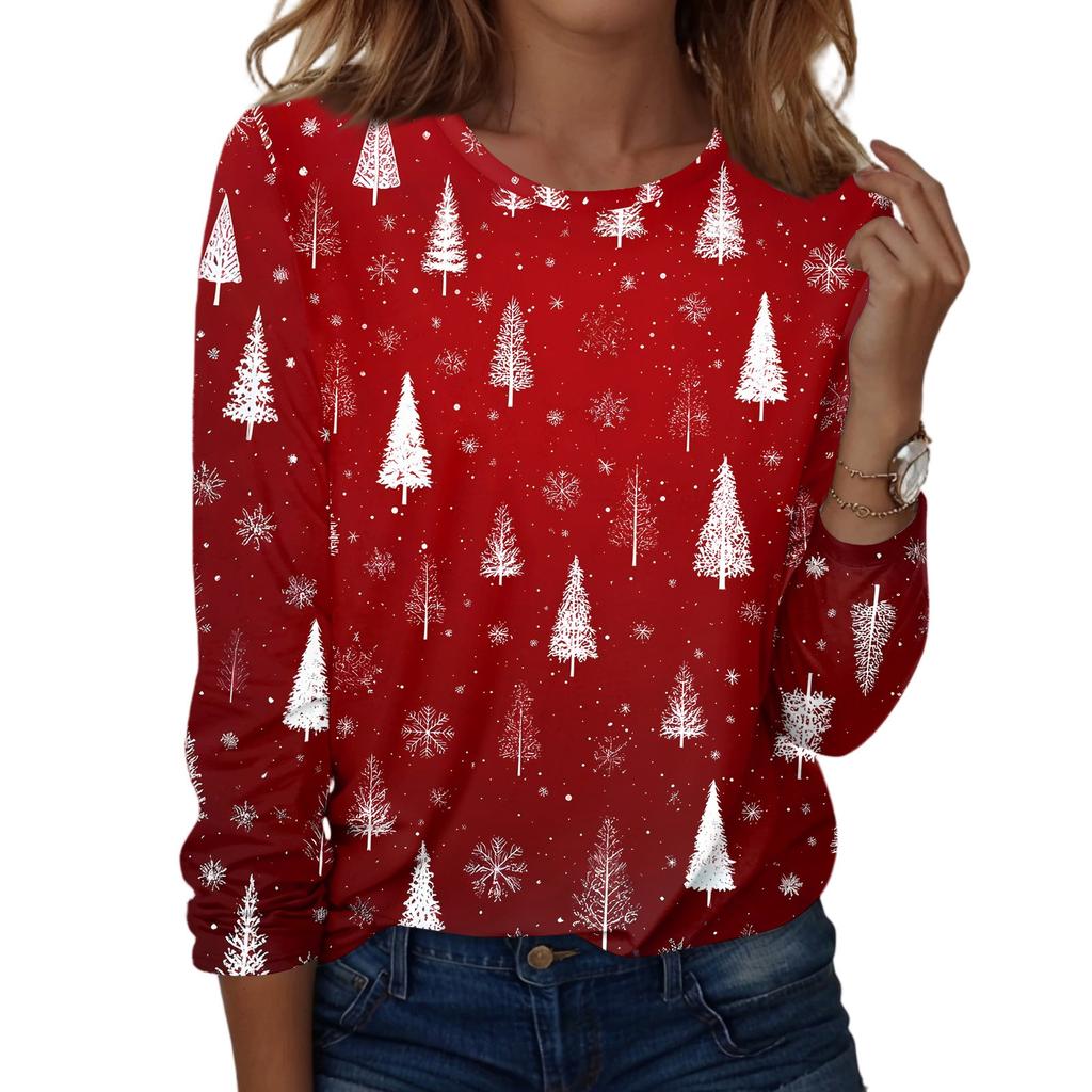 Women's Fashion Casual Christmas Printed Round Neck Long Sleeve Pullover Top