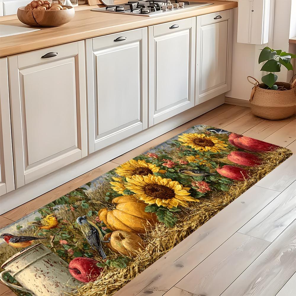 Pastoral Sunflower Pumpkin Bird Harvest Long Runner Rug Floor Carpet Doormat Home Decor Mat for Bathroom Sink Side