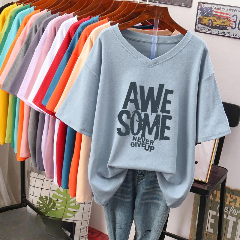 Short-sleeved T-shirt, Loose-fitting, Slimming Printed V-neck Top for Women