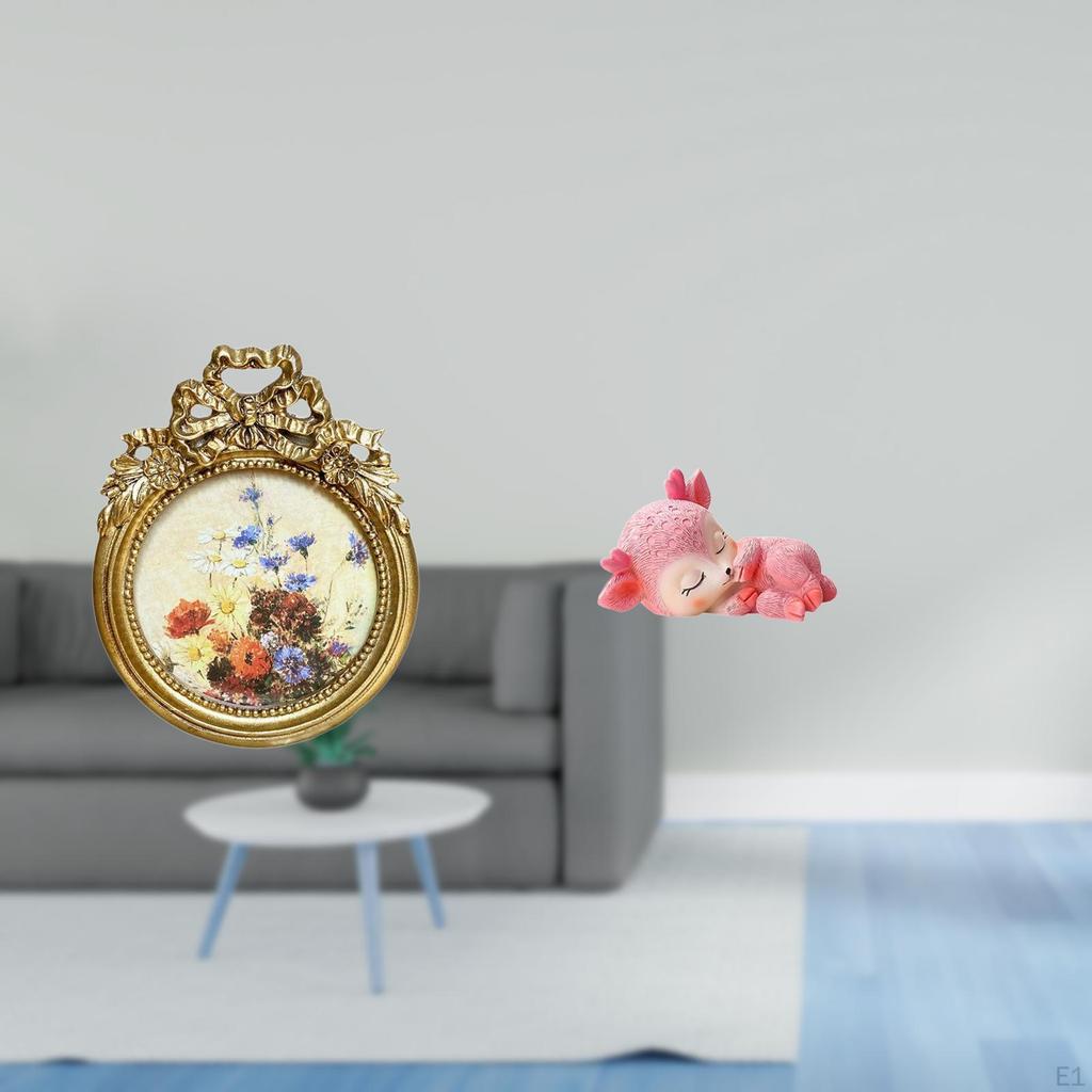 Vintage European Round Photo Frame with Ornate Resin Sleeping Deer Figurine Tabletop Decoration for