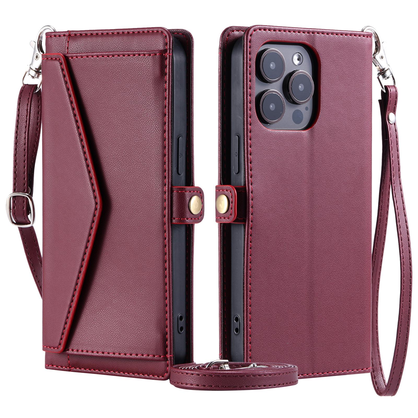 

For iPhone 16 Pro Max Leather Case Wallet Stand Phone Cover with Straps Wine Red