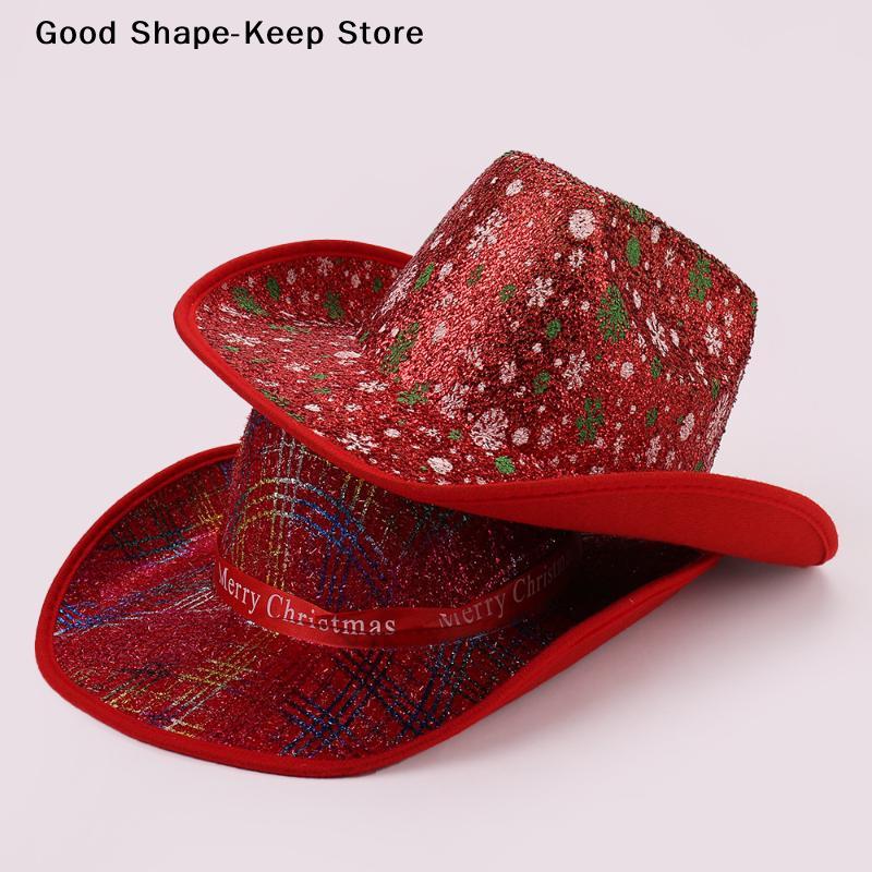 Red Christmas Cowboy Hat Santa Claus Decoration Holiday Party Props Wide Brim Cowgirl Hat Jazz Hat cowboy hat