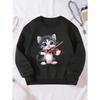 Girls' Round Neck Sweatshirt Featuring A Cat Playing The Violin, Dated August 21, 2024