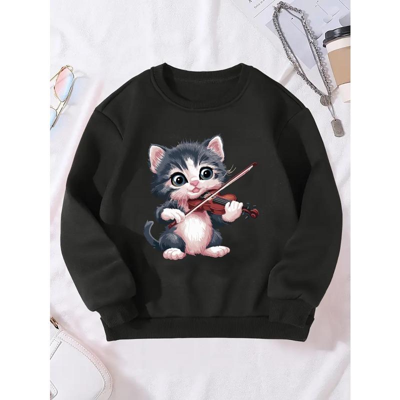 Girls' Round Neck Sweatshirt Featuring A Cat Playing The Violin, Dated August 21, 2024