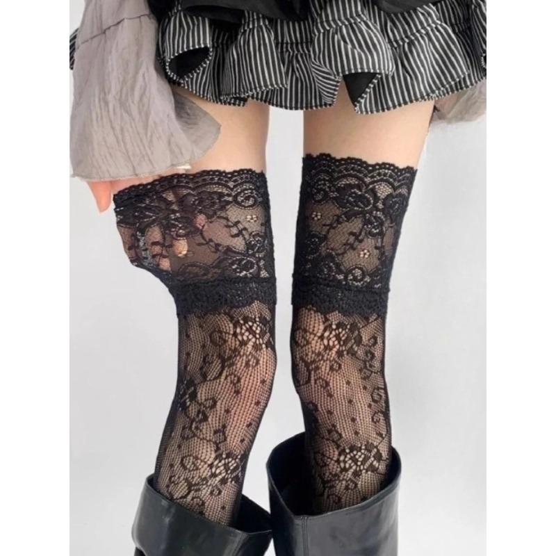 Women s Sexy Lace Trim Fishnet Stockings Retro Floral Sweet Mesh Breathable Thigh High Long Socks JK Over The Knee Socks One Size