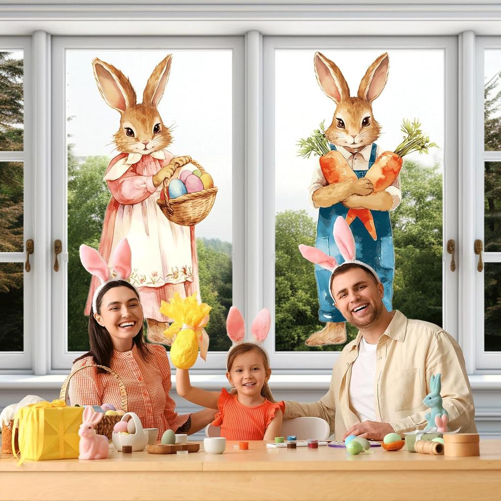 CHUNNIN 2Pcs Extra Large Easter Bunny Window Clings Spring Easter Window Decorations Vintage Easter Window Stickers Farmhouse Rustic Rabbit Carrots