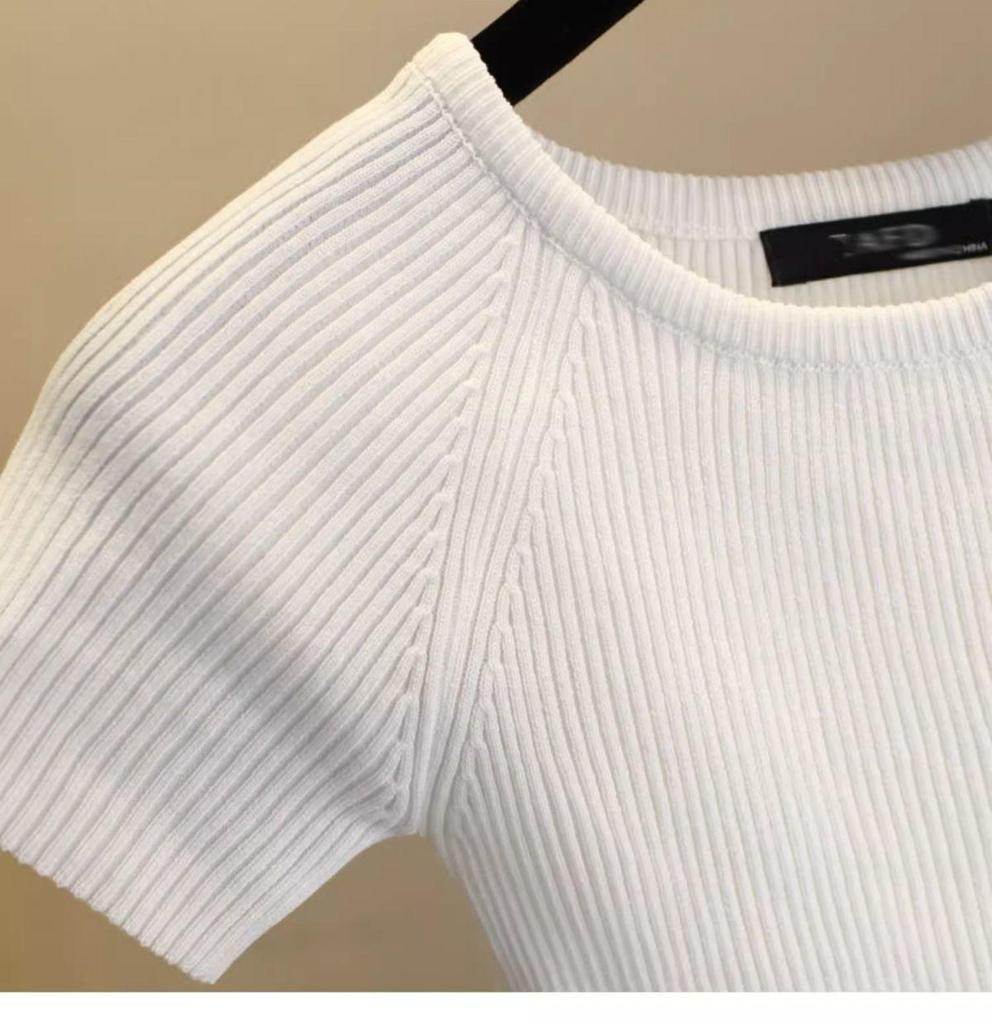 Camiseta de punto de manga corta y cuello redondo ajustada clásica de verano para mujer 2025
