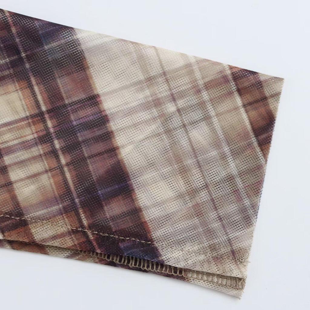 2025 Spring Women's Slim Plaid Round Neck Mesh Dress