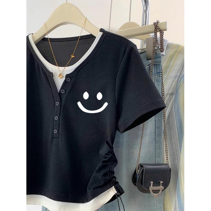 Women's Summer Design Niche Fake Two Slim Drawstring Short Sleeved Tops