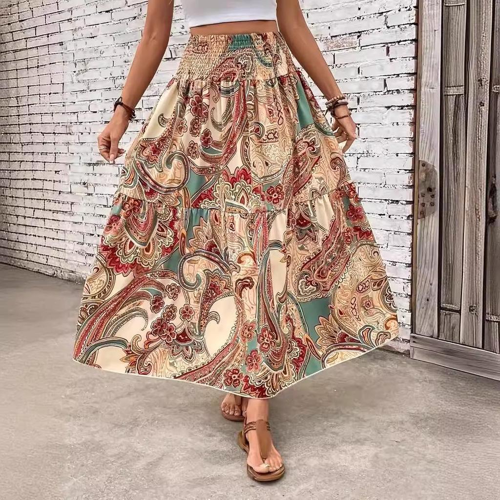 2025 Spring/Summer Women's Casual Midi Skirt - Comfortable Beach Print