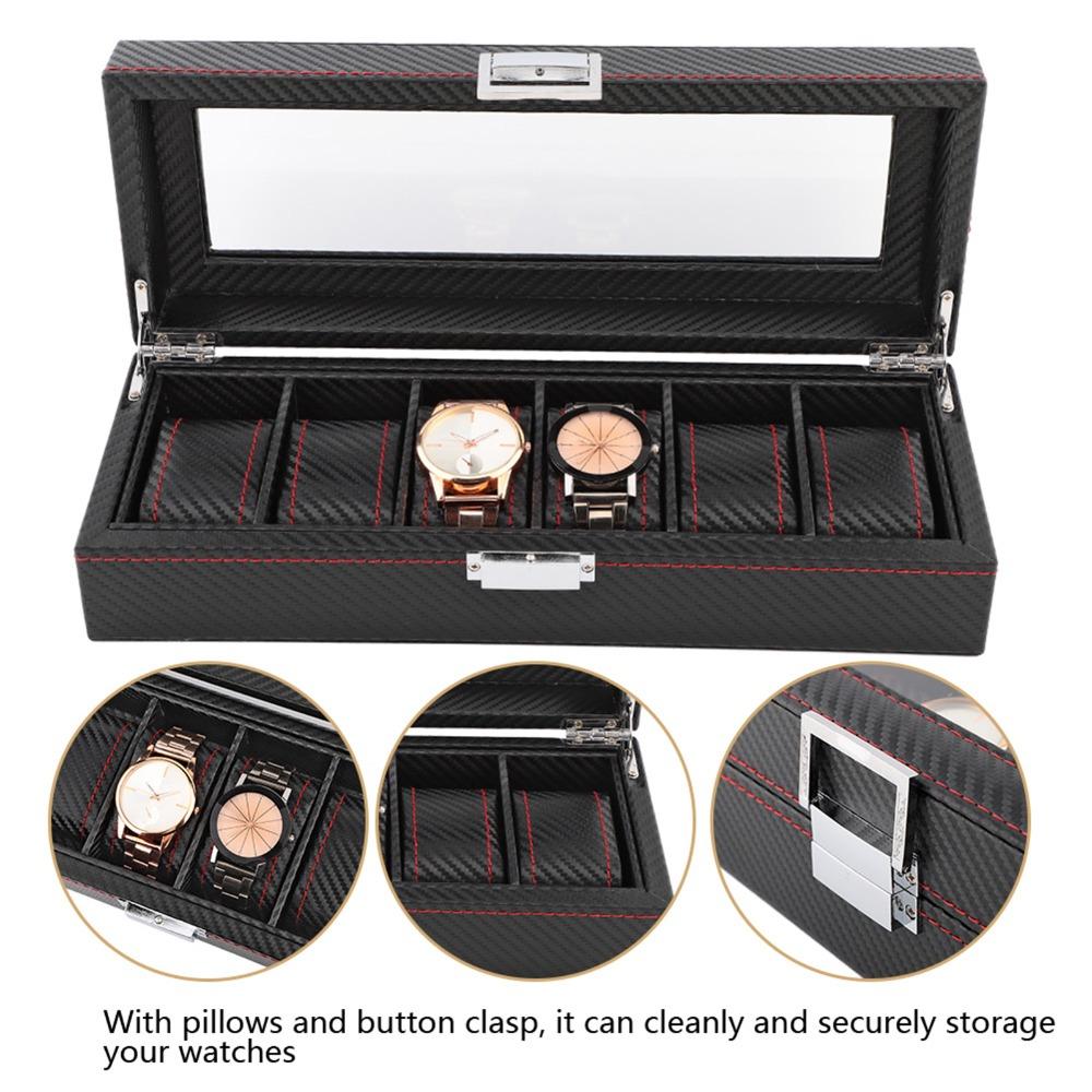 Elegant Carbon Fiber Watch Box 6 Slots Red Line Watch Storage Luxury Transparent Window Watch Case Collection Use
