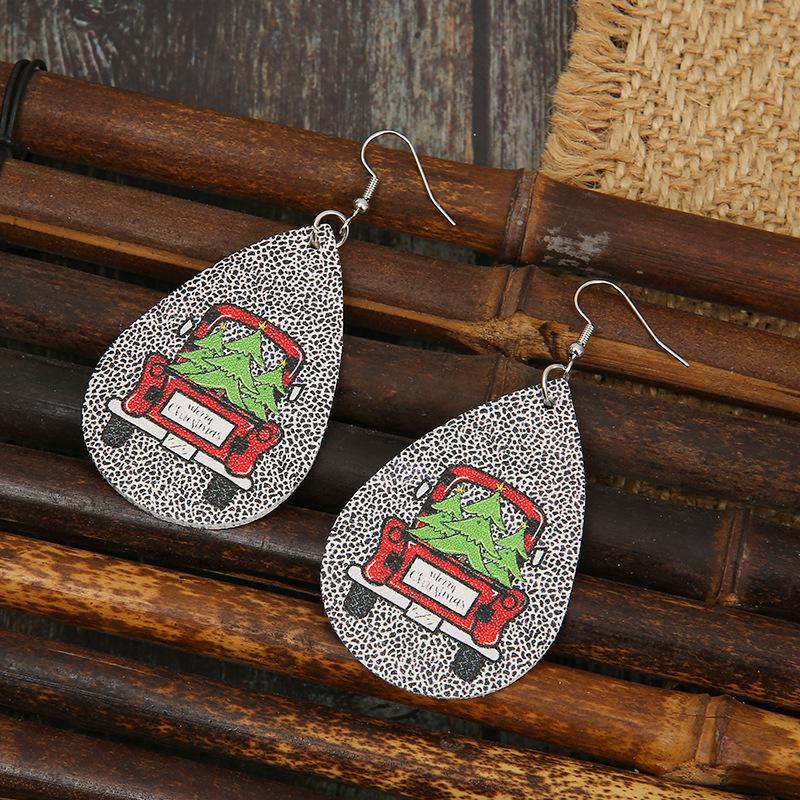 European & American Black Leopard Christmas Tree Earrings with Double-Sided Leather Design for Women