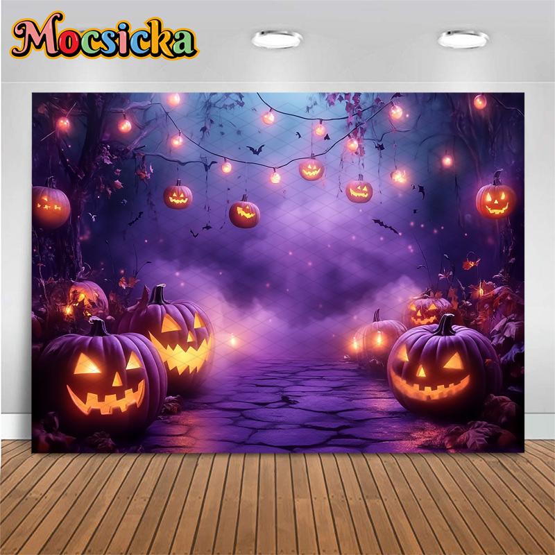 Mocsicka Halloween Backdrop Photography Purple Pumpkin Party Children Photo Backgrounds Dark Forest Lamps Bat Decorations Banner