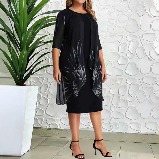 Women Dress Round Neck Half Sleeve Printing Shawl Design Plus Size Dress Loose Hem Slimming Casual Dress Office Party Wear