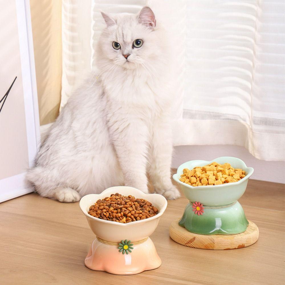 Ceramic Cat Bowl Flower Shape Dog Food Feeding Basin Multi-use Pet Drinking Feeder  Neck Protection