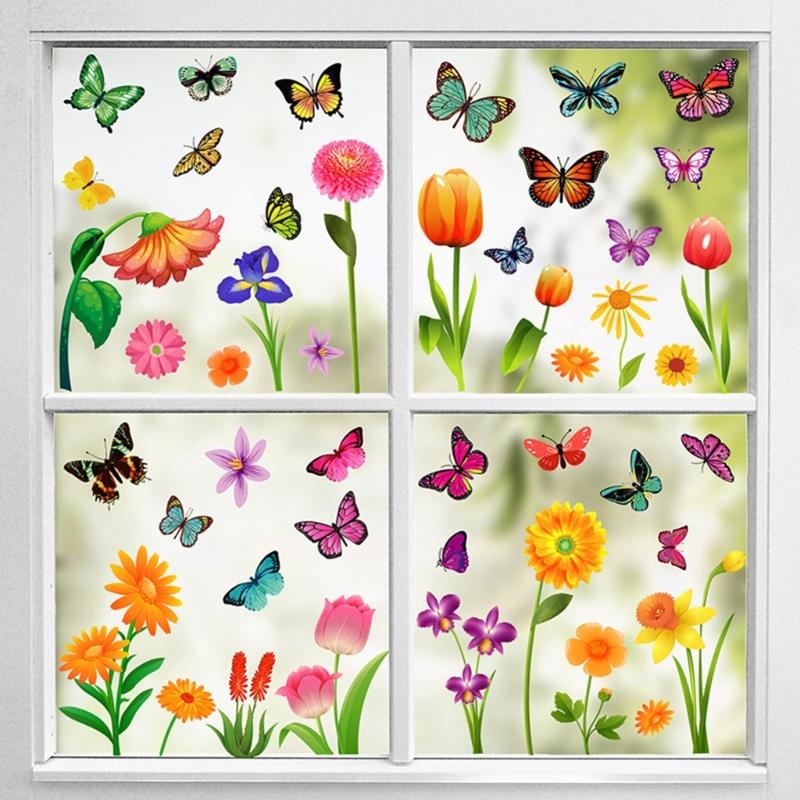 Window Cling Decal Butterfly Flower Pattern Friendly PVC No Residues Easy Application