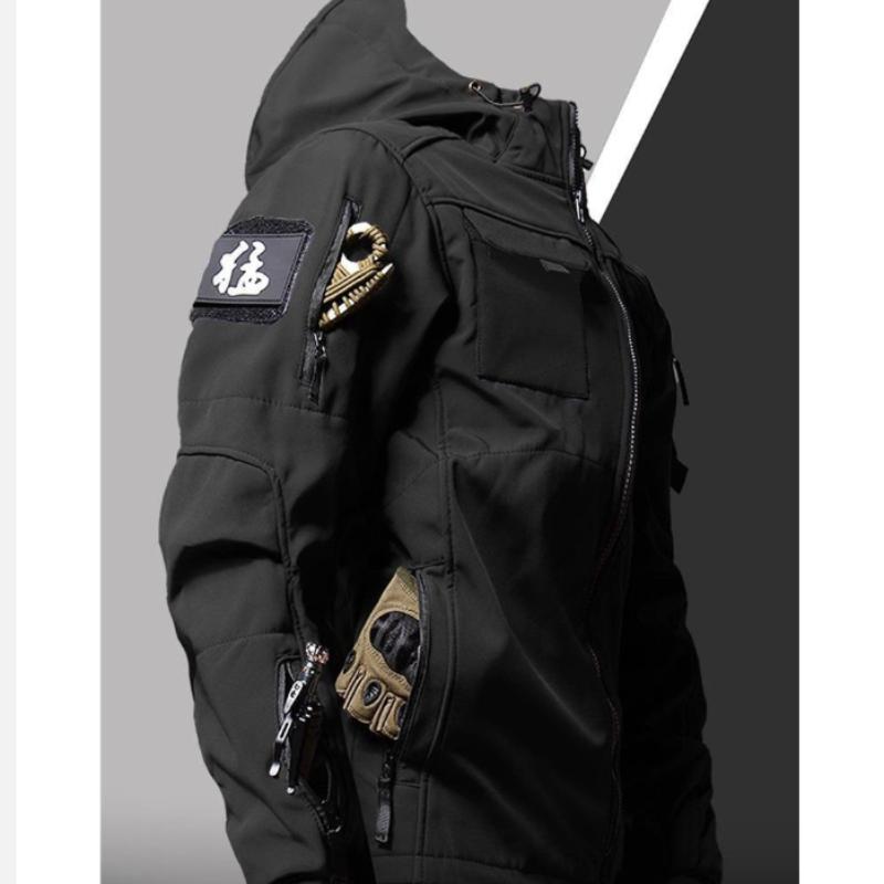 Winter Tactical Jackets Men Military Outdoor Waterproof Hood Plus Velvet Windbreaker WorkWear Soft Shell Multi-pockets Hunting Motorcy Tops