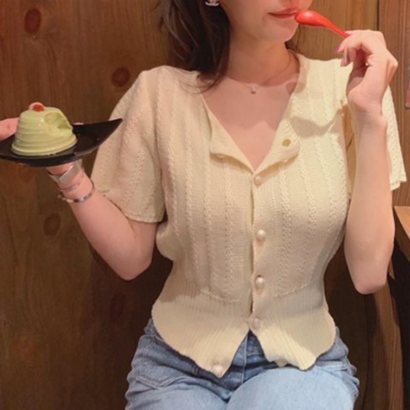 Beautiful Purple Blouse Tide Short-sleeved Cardigan Summer Outside The Short Section Slim T-shirt Knit Shirt Tops Female Casual Pullovers Tees