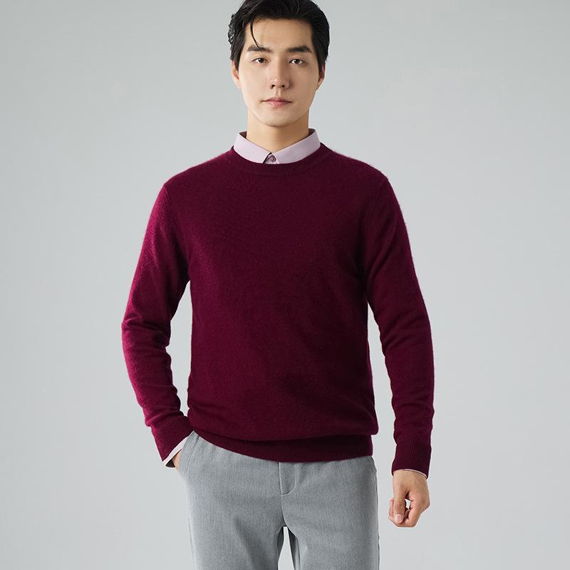 Crew neck cashmere shirt men's loose solid color sweater pullover with bottom knitted wool sweater