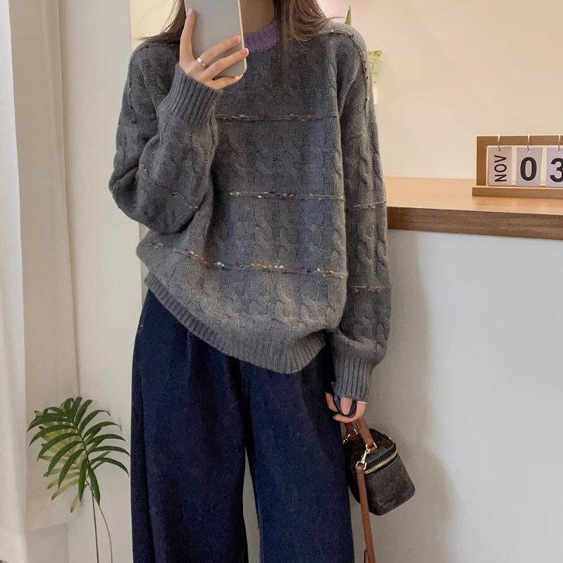Women's Autumn & Winter Korean Style Long-Sleeve Loose Sweater Pullover Contrast Color Unique Cable-Knit Crew Neck Knit Base Layer Top