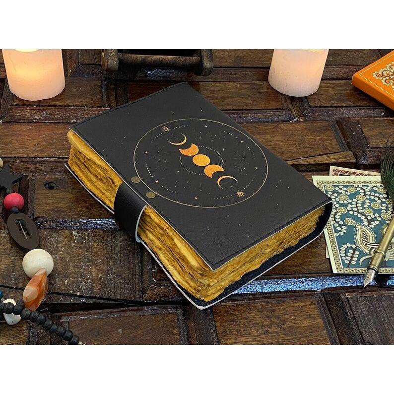 Moon Phase Leather Journal Notebook - Book of Shadows Handstitched Journal Grimoire Journal Handmade Journal With Deckle Paper Brass C Lockc