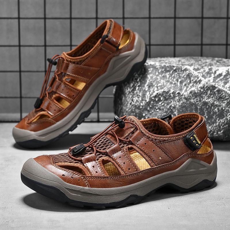 Fashion New Beach Flats Handmade Retro Men Sandals Men's Tide Summer Walking Shoes Leather Outdoor Loafers Leisure Sports Hollow Sandals