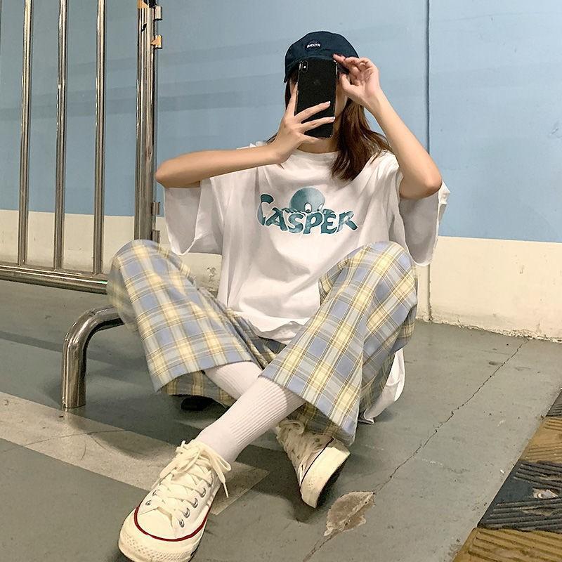 Kostkované kalhoty dámské léto tenké s vysokým pasem nařasené volné úzké rovné kalhoty široké kalhoty ležérní kalhoty