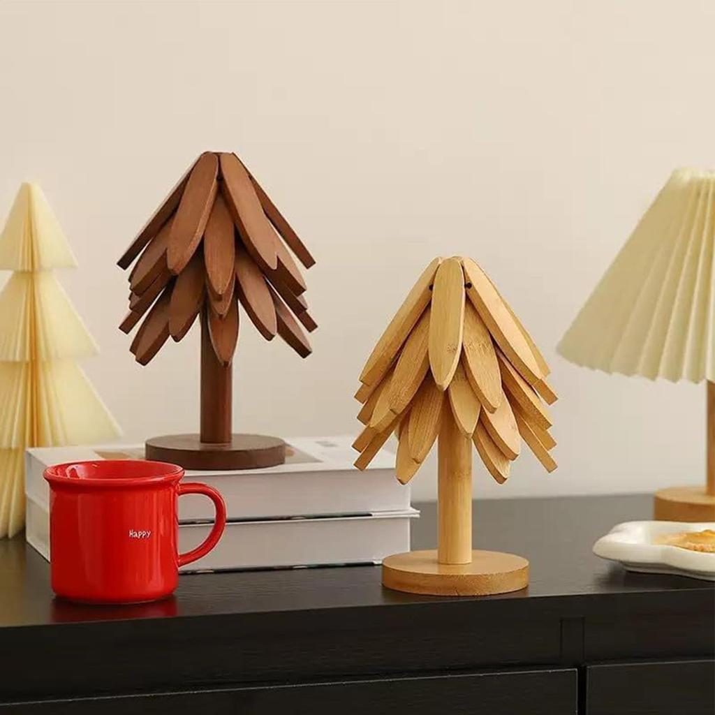 Wooden Trivet Tree Foldable Insulation Tripod Christmas Tree Pot Holder for Hot Dishes Bowls Cups Drinks Teapots Tableware